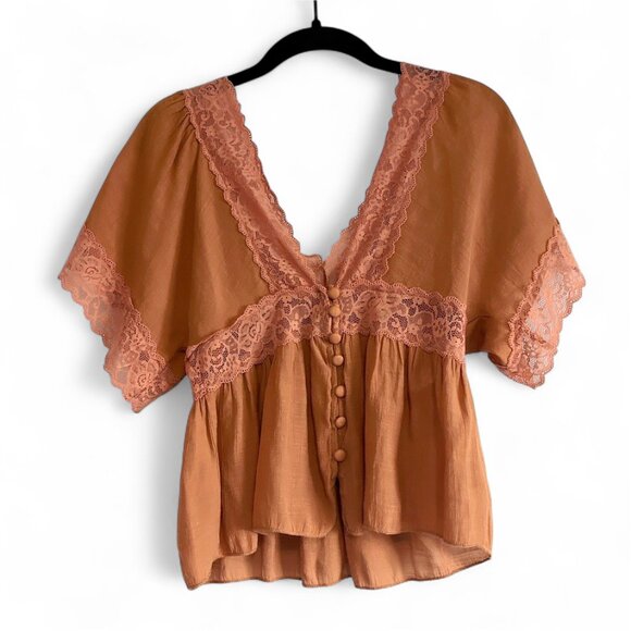 Rebellion Again Lace Trim Peplum Top Rust & Blush Lace Boho Romantic Blouse S - Picture 2 of 8